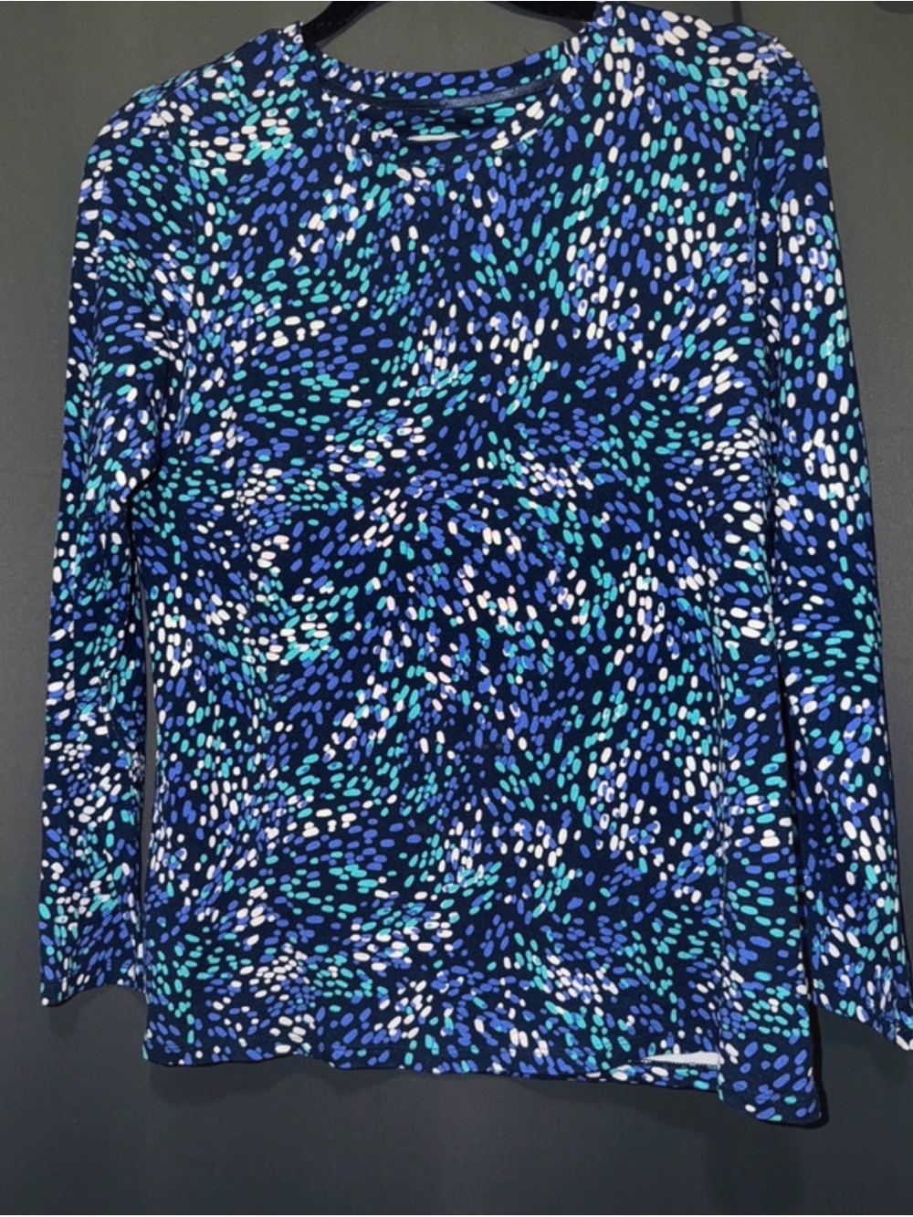 Chico's Navy Top with Teal & White Dot Print Sz 1 (Medium)
